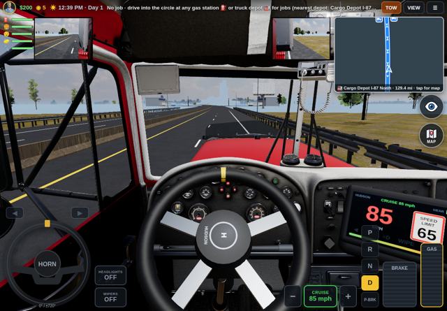 Cab view on the highway with cruise control